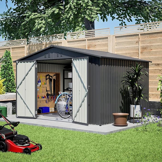 10x8 FT Outdoor Storage Shed with Floor Frame Structure and Lockable Doors, Durable and Sturdy Meta Sheds with Waterproof Roof Garden Tool Shed Ideal for Backyard Patio (Black