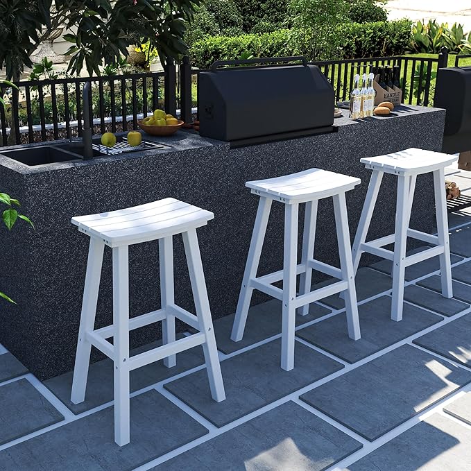 nalone 29 Inch Outdoor Bar Stool, HDPE Bar Chairs with Footrest, Weather Resistant Waterproof Bar Stools Outside Bar Height Stools for Bar, Kitchen Counter, Yard, Balcony(White, 29'' Barstools)