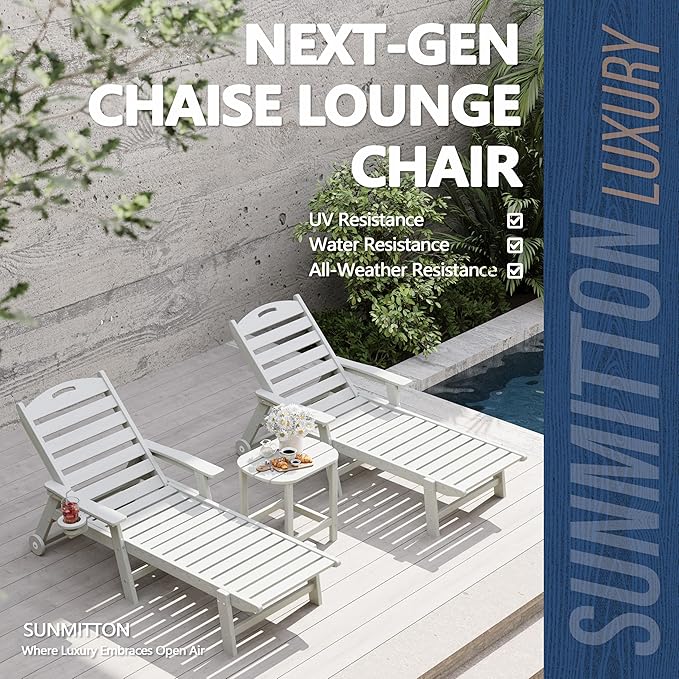 Patio Chaise Lounge Chair, HDPE Outdoor Lounge Chairs with 5-Position Adjustable Backrest, Cup Holder and Wheels, 450lbs Capacity for Poolside Deck Backyard, All Weather Material(White)