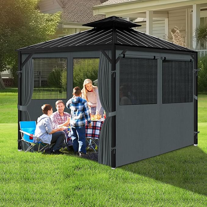 Gazebo Privacy Curtain 10'x10', Replacement Curtains with Mosquito Net Windows, 4-Panels Side Wall, Zippers, Waterproof Outdoor Curtains for Patio, Canopy, Garden and Backyard, Gray (Curtain Only)
