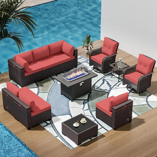11 Pieces Outdoor Patio Furniture Set Outdoor Furniture Patio Sectional Sofa Conversation Sets w/ETL Approved 45" Gas Outdoor Fire Table & Coffee Table, Swivel Rocking Chair (Red)