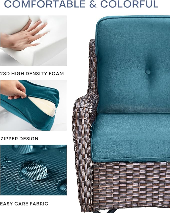 Pop 22x25/22x24 Outdoor Seat Cushions Set of 2 - Comfortable High Back Water-Resistant Patio Wicker Chairs Cushion for Rocker Glider Loveseat Couch Sectional Sofa - Peacock Blue/Button