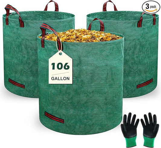 106 Gallons Lawn and Leaf Bags,Reusable Yard Waste Bags with Gardening Gloves,Heavy Duty Garden Bags with 4 Handles for Lawn Care, Camping & Recycling(3 Pack）
