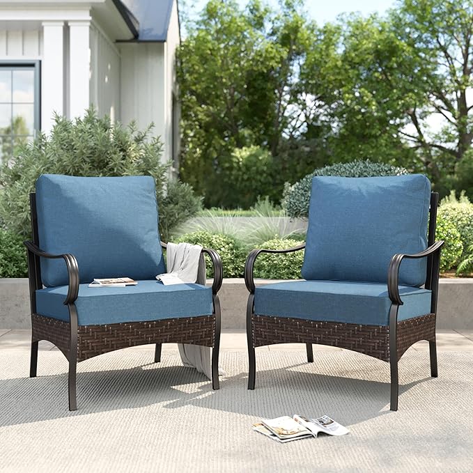 PHI VILLA Patio Chairs Set of 2, Outdoor Wicker Chairs with Thick Cushion, All Weather High Back Outdoor Furniture for Balcony Porch and Yard
