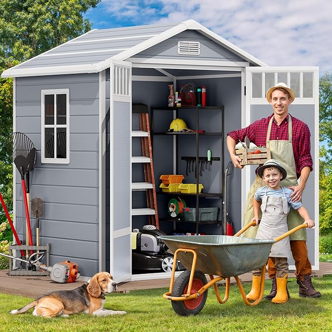DWVO 6x4.4 FT Resin Storage Shed with Fence-Style and Side Windows, Lockable Door, and Vents for Garden, Backyard, Patio, Lawn, Gray