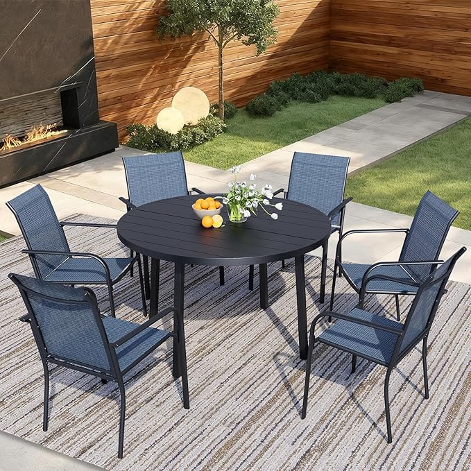 7 Pieces Round Dining Table Set for 6, Patio Dining Set Includes 6 Blue Stackable Patio Chairs and 1 Black Round Table Set of 6, Patio Furniture Sets with Sling Support for Outside, Garden