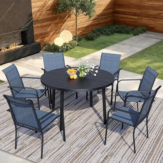7 Pieces Round Dining Table Set for 6, Patio Dining Set Includes 6 Blue Stackable Patio Chairs and 1 Black Round Table Set of 6, Patio Furniture Sets with Sling Support for Outside, Garden