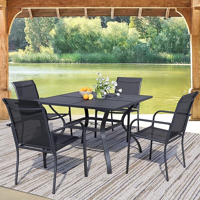 5 Pieces Sqaure Dining Table Set for 4, Patio Dining Set Includes 4 Black Stackable Patio Chairs and 1 Black Mesh Square Table, Patio Furniture Sets with Sling Support for Outside, Garden