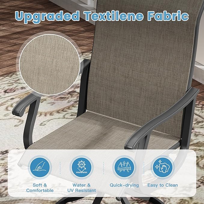 DIFY 7 Pieces Outdoor Patio Dining Set, 6 Brown Textilene Swivel Dining Chairs and 47.2" Walnut Round Metal Dining Table, Outdoor Table and Chairs