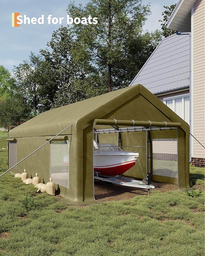 GarveeLife 13x25 ft Carport with 10 Sandbags, Car Port with 220 g PE Tarp, 2 Roll-Up Doors, and 4 Windows, for Full-Size Pickups, Bass Boats, Tractors, and SUVs, Khaki