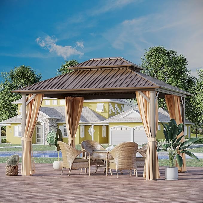 10x12 ft Hardtop Gazebo Outdoor Aluminum Patio Gazebo Double Roof Galvanized Steel Canopy with Netting and Curtains for Garden, Backyard, Deck and Lawns.