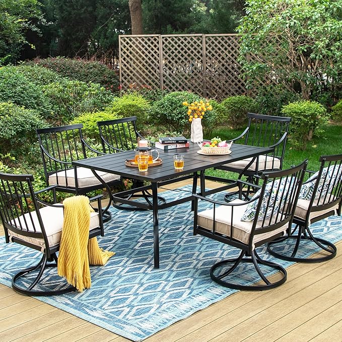 Sophia & William 7 Pieces Outdoor Dining Set for 6, Metal Outdoor Patio Furniture Set with Rectangular Patio Dining Table and Swivel Chairs, Conversation Bistro Set for Garden, Poolside, Yard