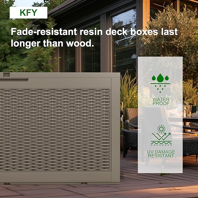 DRATO 320 Gallon Deck Box, Outdoor Large Waterproof Resin Storage Box with Lockable Lid for Patio Cushions, Gardening Tools, Light Brown