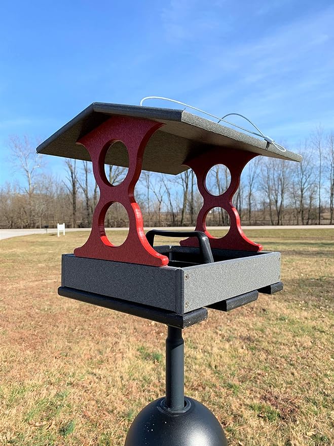 JCS Wildlife Medium Poly Fly-Thru Bird Feeder w/Removable Seed Tray - Holds 4 Cups of Bird Seed to Attract Cardinals, Chickadees, and More Backyard Birds (Gray and Red)
