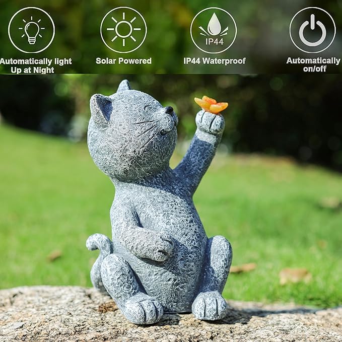 Solar Garden Statue Cat Garden Figurines Cat Garden Statue Outdoor Decor, Solar Powered Resin Sculpture with Butterfly Light Art Decoration for Patio Lawn Yard Porch, Housewarming Garden Gift