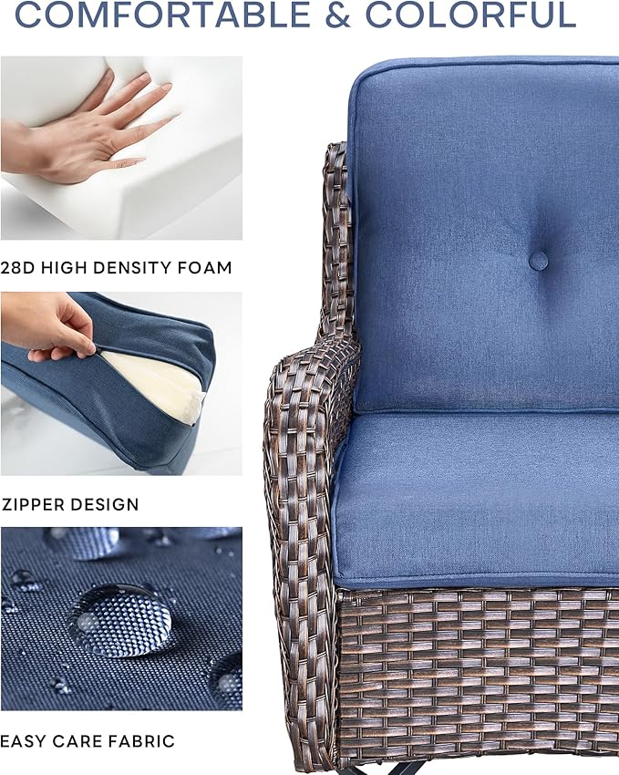 Pop 22x25/22x24 Outdoor Cushions for Patio Couch Chairs Set of 3 - High Back Outside Seat Cushions for Wicker Rattan Dining Rocker Glider Loveseat 3-Seater Sectional Sofa - Navy Blue/Button