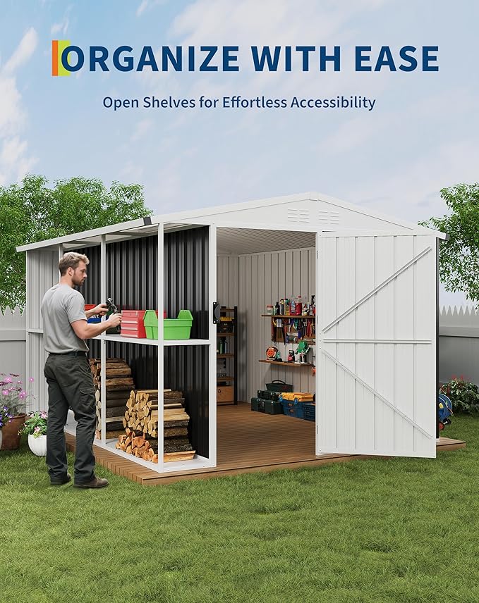8X10 FT Large Metal Outdoor Storage Shed, Galvanized Steel Garden Tool Shed with Lockable Double Doors & Ventilation for Bicycles, Tools, Lawnmowers, Backyards, Patios, Lawns, Brown
