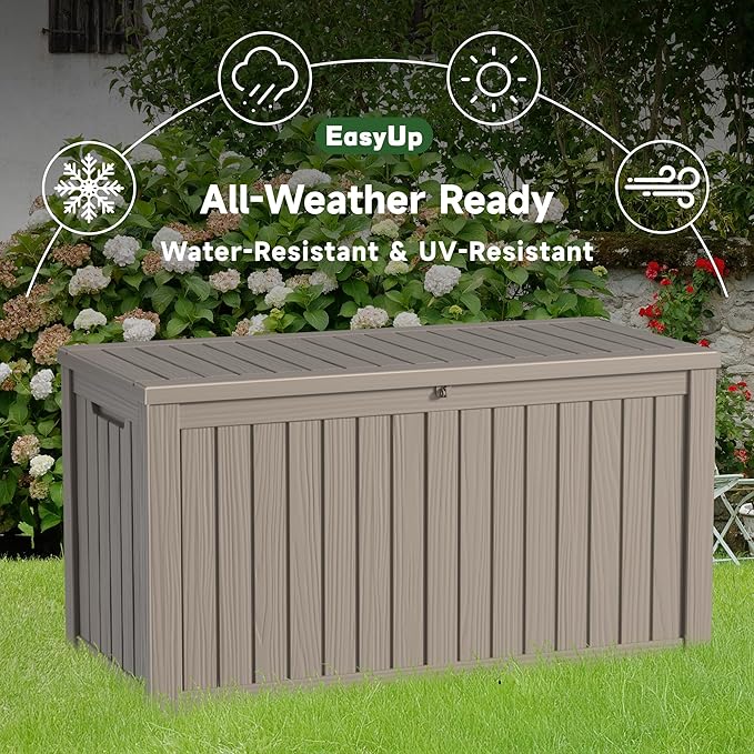 EasyUp 150 Gallon Outdoor Storage Box, Resin Waterproof UV-Resistant Deck Box with Hydraulic Lid Support, Reinforced Stability for Patio, Garden, and Poolside, Striped Gray