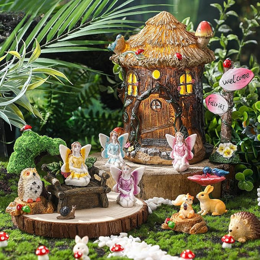 Leyndo 28 Pcs Solar House Garden Accessories Fairy Light up Fairy Figures Garden Kit Resin Miniature Mushroom House Figures Micro Landscape Ornaments(Retro)