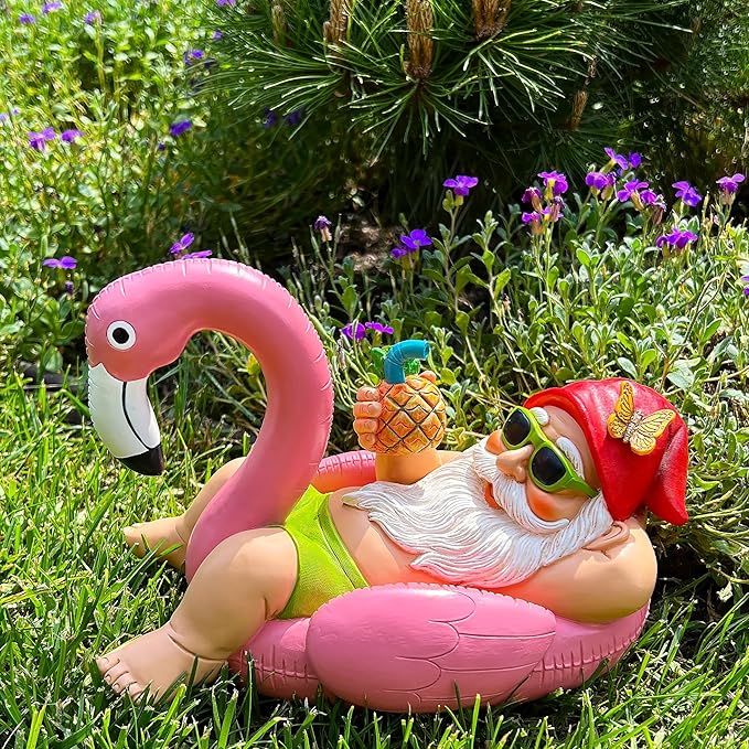 Mood Lab Garden Gnome on Flamingo - Funny Gnome Figurine - 8 Inch Depth Lawn Statue - for Outdoor or House Decor