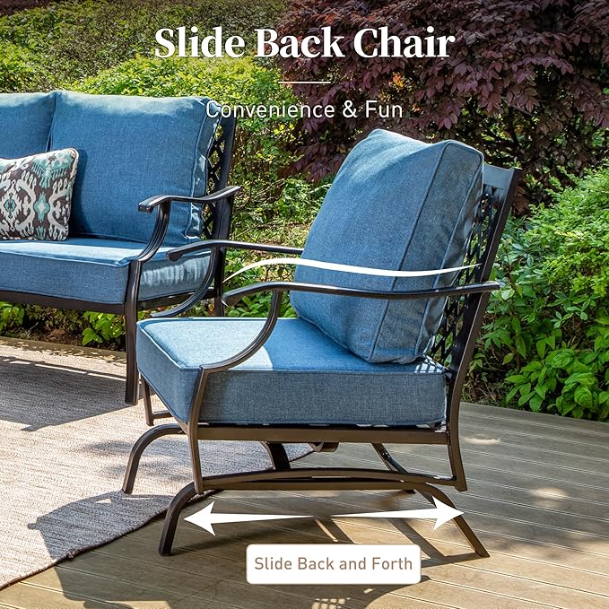 4 Piece Metal Outdoor Patio Furniture Set, Patio Conversation Set 1 3-seater Sofa, 2 Rocking Chair with 5.75" Extra Thick Cushion and Coffee Table, Black Frame Backyard Furniture, Navy