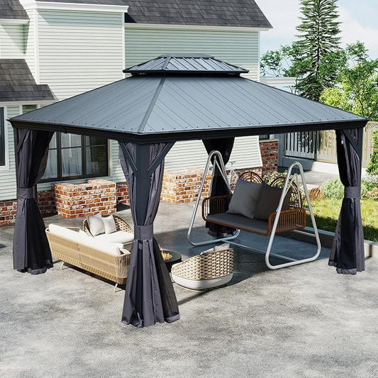 Domi 12’x14’ Outdoor Gazebo Hardtop with Gutters, Patio Gazebo Canopy with Resin & Metal Roof, Heavy Duty Permanent Pavilion for Backyard, Deck, Hot Tub, Garden, Curtains and Mosquito Netting Included