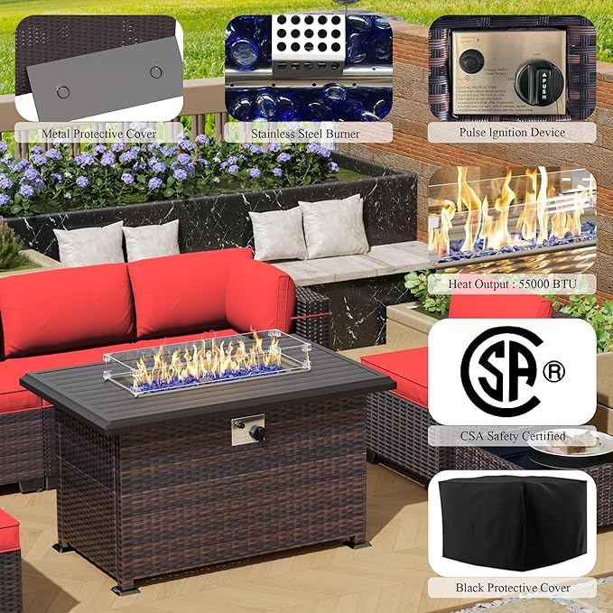 13 Pieces Outdoor Patio Furniture Set with Propane Fire Pit Table Outdoor Furniture Patio Sectional Sofa Conversation Sets w/ETL Approved 43" Gas Outdoor Fire Table & Coffee Table (Red)