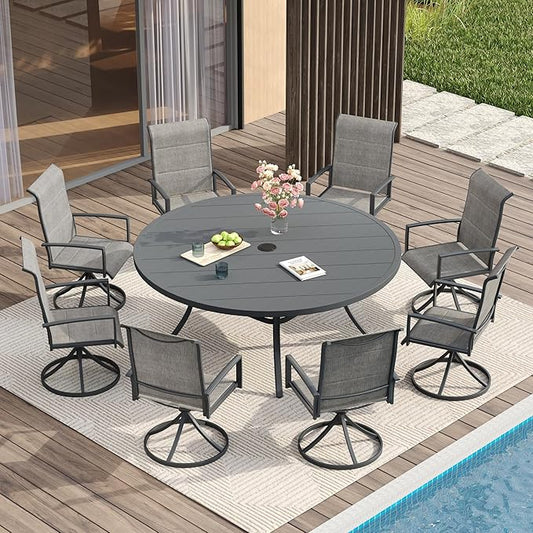VICLLAX Outdoor Dining Set for 8, Outdoor Furniture Includes 60" Round Patio Table and Swivel Padded Chairs, Grey Tabletop and Fabric