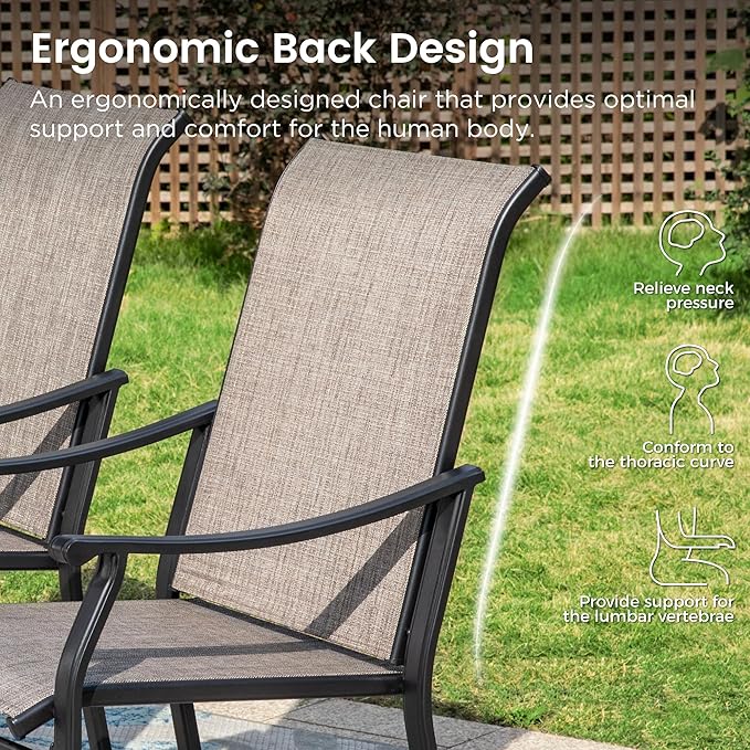 PHI VILLA 5 pcs Patio Dining Table and Chairs,Textilene Dining Chairs Sturdy and Durable and Square Metal Table with Wooden Table Top,Black Frame with E-Coating for Lawn,Garden