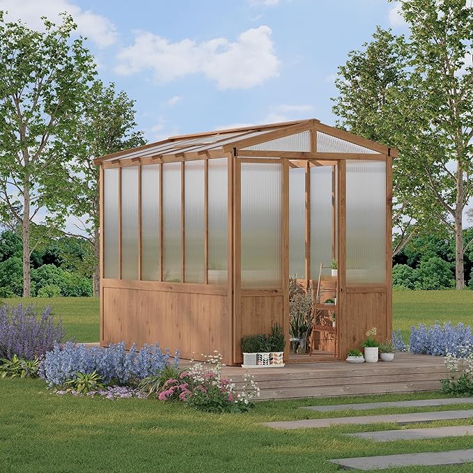 6x10FT Wooden Greenhouse with Cedar Frame, Outdoor Wood Greenhouses with Roof Vent, Wood and Polycarbonate Walk-in Greenhouse