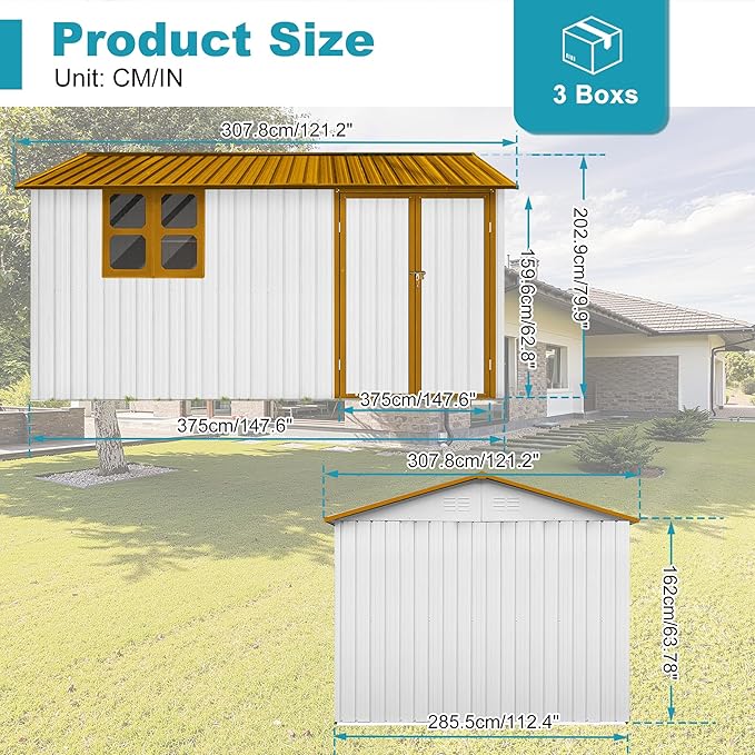 12 ft × 10 ft Sheds & Outdoor Storage Shed Large Classic Apex Roof Metal Garden Storage Sheds with Hinged Door, Window Tool Cabinet for Backyard, Patio, Poolside, Golden Yellow + White