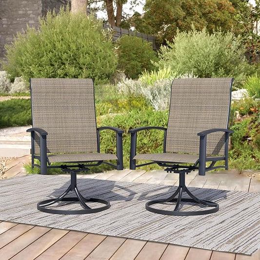 Patio Swivel Chairs Set of 2, Outdoor Swivel Chairs with Armrest, High Back Patio Chair with Metal Frame, All-Weather Outdoor Dining Chair for Deck, Porch and Lawn, Mocha