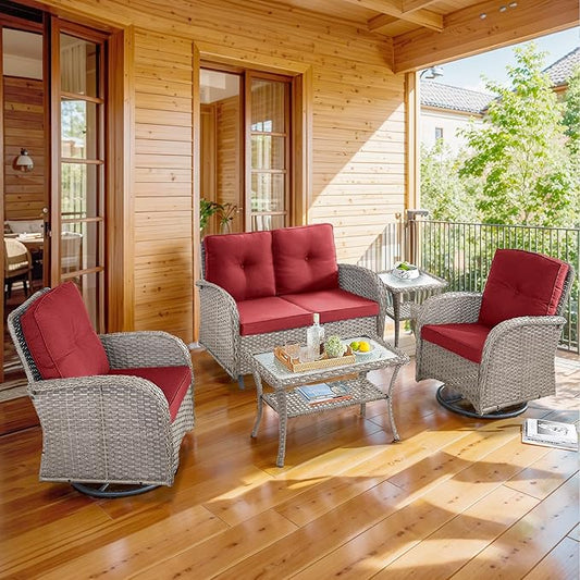 5 Piece Patio Furniture Set - Wicker Patio Conversation Set with Swivel Glider, Glider Loveseat, Tempered Glass Side Table and Coffee Table for Deck Backyard - Grey Wicker Red Cushion