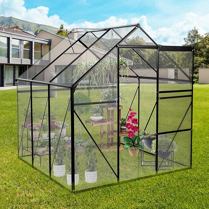 6x6 FT Polycarbonate Greenhouse,All Season Heavy Duty Walk-in Garden Plants Green House for Outdoor Backyard,Raised Base and Anchor Aluminum,Easy to Install,Black