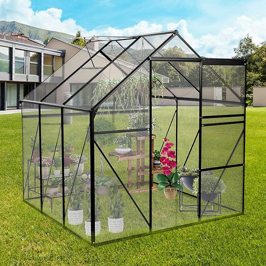 6x6 FT Polycarbonate Greenhouse,All Season Heavy Duty Walk-in Garden Plants Green House for Outdoor Backyard,Raised Base and Anchor Aluminum,Easy to Install,Black