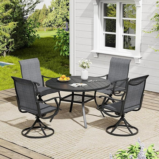 VICLLAX 5 Pieces Outdoor Dining Set, Patio Furniture Set of 4 Patio Swivel Dining Chairs and 40.6" Patio Spliced Round Tabletop with Storage Shelf, Dark Charcoal Chairs & Black Tabletop