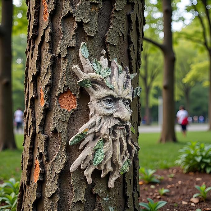 Whimsical Tree Face Garden Decoration ，Tree Faces Decor Outdoor Wallmounted Statue Art with Leaf Features, Outdoor Decor Garden Accessory (Nature and Outdoors)