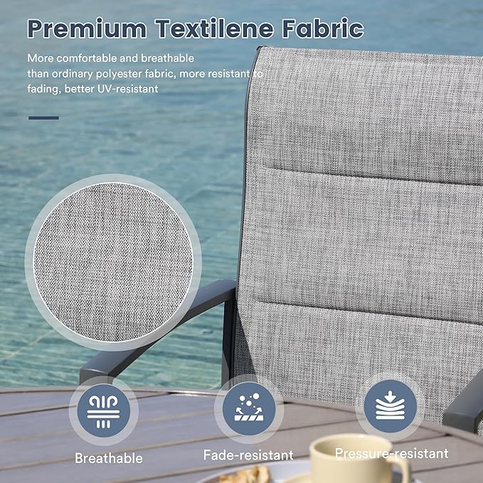 VICLLAX 7 Pieces Patio Dining Set for 6-Outdoor Furniture Includes 53" Round Outdoor Table and Swivel Padded Chairs, Grey Wood Grain Tabletop and Grey Fabric