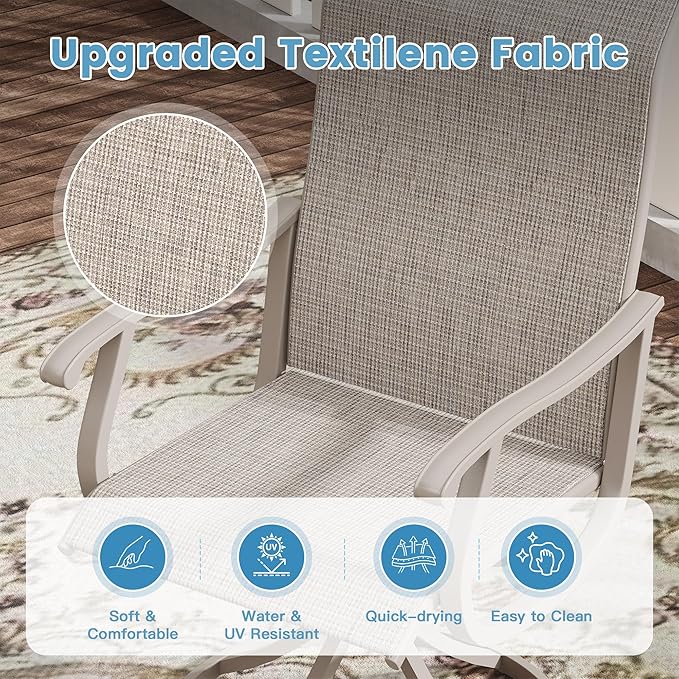 DIFY 7 Pieces Outdoor Patio Dining Set, 6 Sandshell Textilene Swivel Dining Chairs and 47.2" Grey Wood-Like Round Dining Table, Metal Outdoor Table and Chairs
