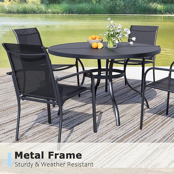 5 Pieces Round Dining Table Set for 4, Patio Dining Set Includes 4 Black Stackable Patio Chairs and 1 Black Mesh Round Table, Patio Furniture Sets with Sling Support for Outside, Garden