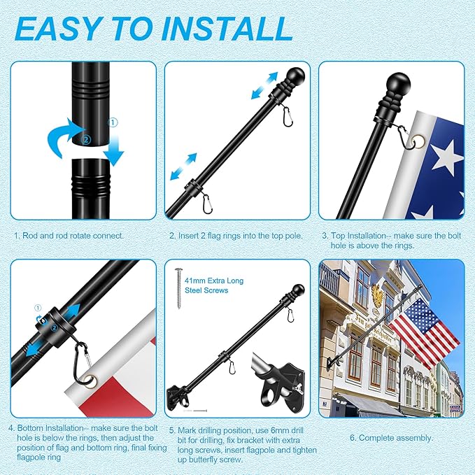 6 FT Flag Poles Kit for House with 2-Position Flagpole Bracket & 360° Rotating Flag Rings, 1 Inch Stainless Steel Spinning Flag Pole, Porch Wall Mounting Metal Flag Pole for 3x5 4x6 Flag (6 FT, Black)
