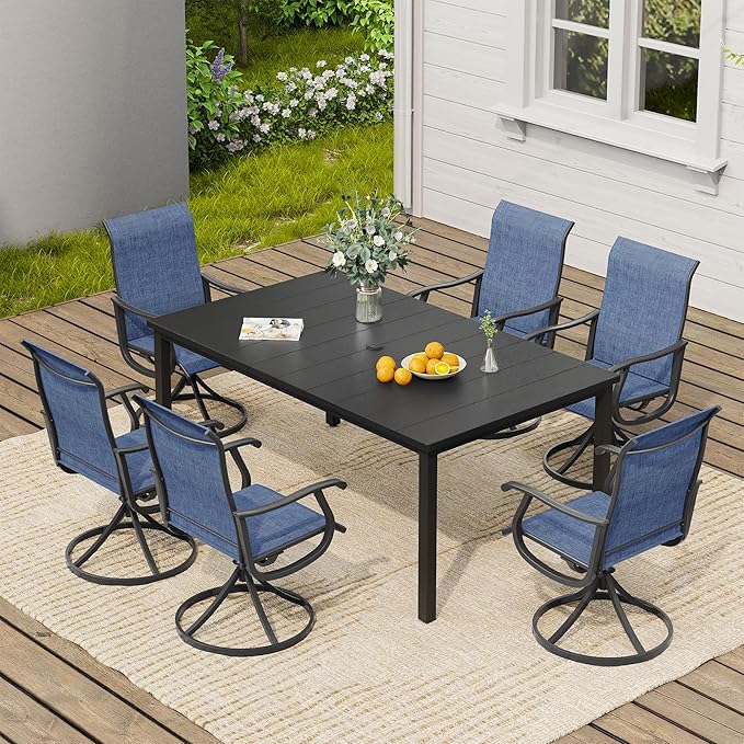 VICLLAX 7 Pieces Outdoor Dining Set, Patio Furniture Set of 6 Patio Swivel Dining Chairs and Rectangular Patio Table, Dark Blue Chairs & Black Tabletop