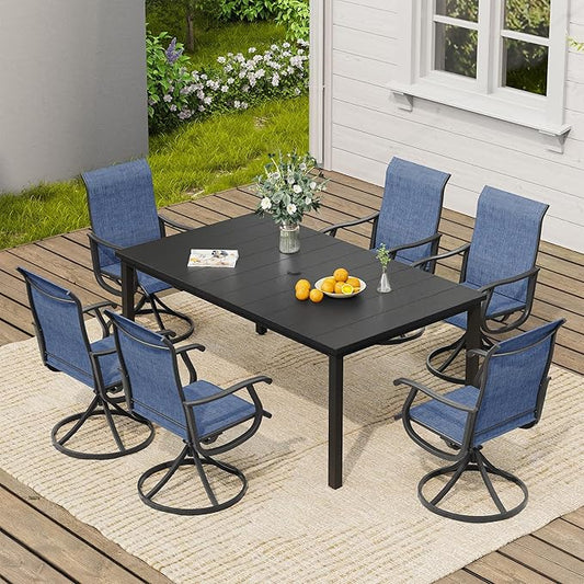 VICLLAX 7 Pieces Outdoor Dining Set, Patio Furniture Set of 6 Patio Swivel Dining Chairs and Rectangular Patio Table, Dark Blue Chairs & Black Tabletop