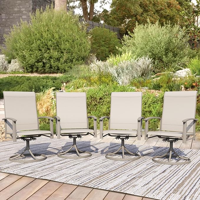 Patio Swivel Chairs Set of 4, Outdoor Swivel Chairs with Armrest, High Back Patio Chair with Metal Frame, All-Weather Outdoor Dining Chair for Deck, Porch and Lawn, Ivory Beige