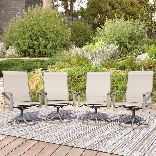 Patio Swivel Chairs Set of 4, Outdoor Swivel Chairs with Armrest, High Back Patio Chair with Metal Frame, All-Weather Outdoor Dining Chair for Deck, Porch and Lawn, Ivory Beige