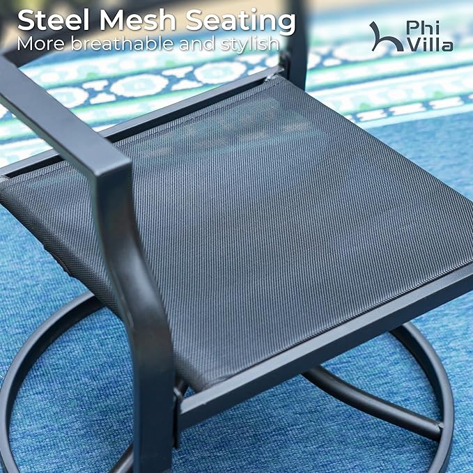 PHI VILLA Outdoor Metal Swivel Chairs Set of 2 Patio Dining Rocker Chair with Cushion Furniture Set for Garden Backyard Bistro, Black