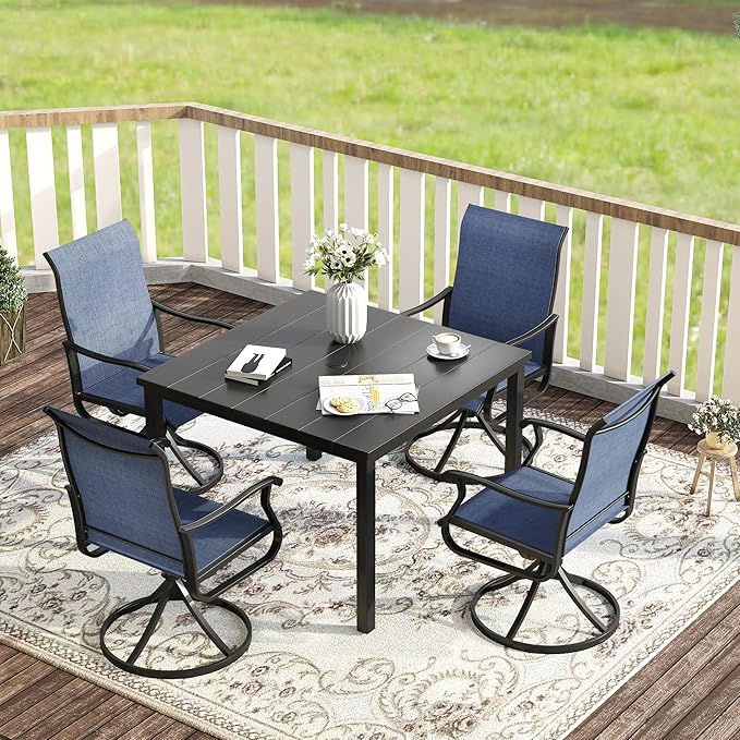 VICLLAX 5 Pieces Patio Dining Set for 4, Outdoor Furniture Set Includes 40.2" Square Outdoor Table and 4 Patio Swivel Chairs for Lawn Garden, Black Table and Blue Chairs