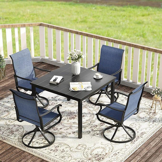 VICLLAX 5 Pieces Patio Dining Set for 4, Outdoor Furniture Set Includes 40.2" Square Outdoor Table and 4 Patio Swivel Chairs for Lawn Garden, Black Table and Blue Chairs