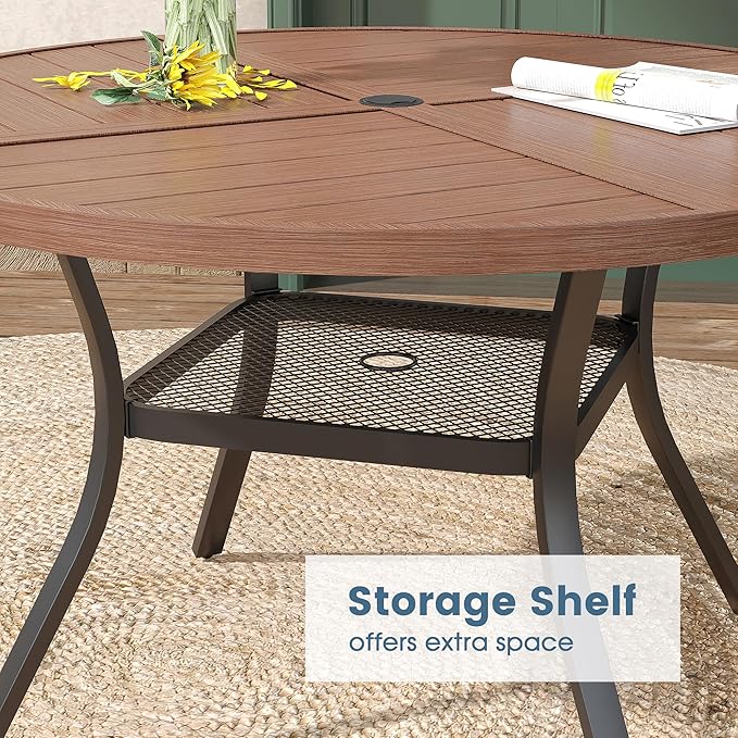 DIFY 7 Pieces Outdoor Patio Dining Set, 6 Brown Textilene Swivel Dining Chairs and 47.2" Walnut Round Metal Dining Table, Outdoor Table and Chairs