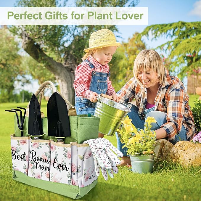Bonus Mom Gifts, Garden Kit Bonus Mom Gifts from Bonus Daughter Floral Gardening Tools and Durable Garden Tools Organizer Tote, Gardening Set for Women on Birthday Plant Lover Present